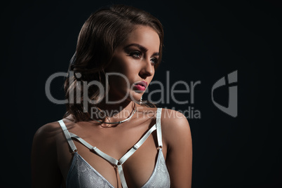 Advertising underwear. Model in stylish white bra