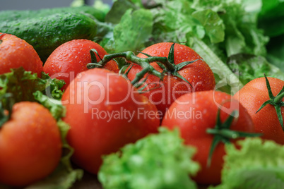 Healthy food. Photo of ripe tomatoes and lettuce