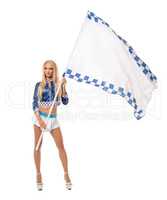 Photo of comely blonde posing with racing flag