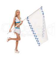 Studio photo of cute blonde with checkered flag