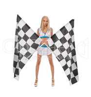 Races. Cute blonde posing with two checkered flags