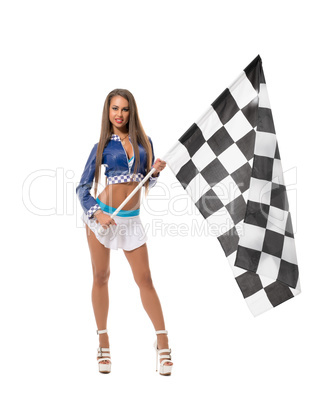 Races. Sexy brunette posing with checkered flag