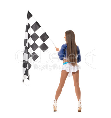 Rear view of leggy brunette with checkered flag
