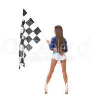 Rear view of leggy brunette with checkered flag