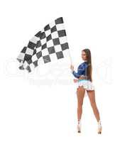 Back view of sexy brunette with checkered flag