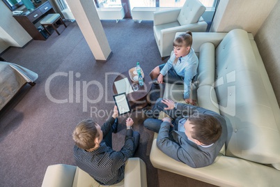 Top view on business meeting in hotel room