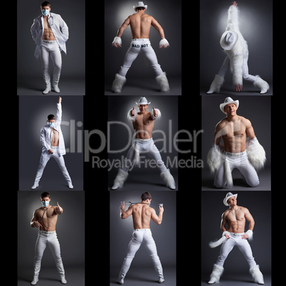 Photo collection of sexy showman dancing in studio