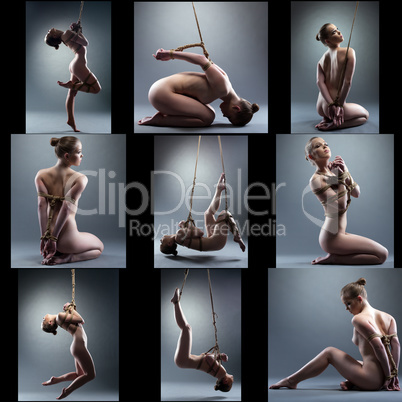 Shibari. Collage of naked girl tied with rope
