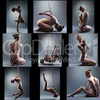 Shibari. Collage of naked girl tied with rope