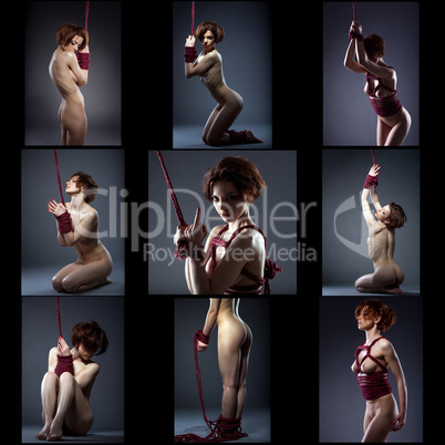 Set of nude woman tied with rope in shibari style