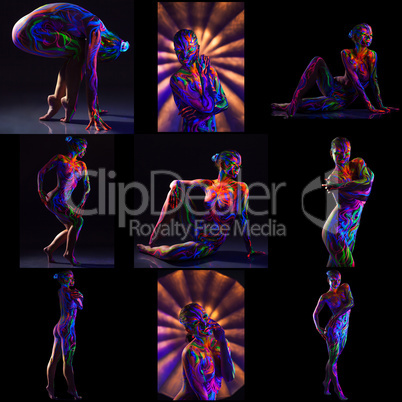 Collage of mystical nude girl posing in neon light