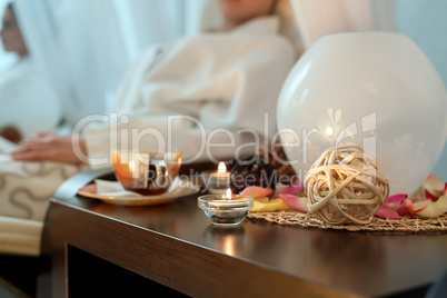 Close-up image of decor table in spa salon