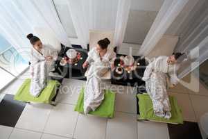 Top view of happy women relaxing in beauty salon