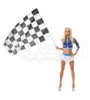 Studio photo of pretty blonde with checkered flag