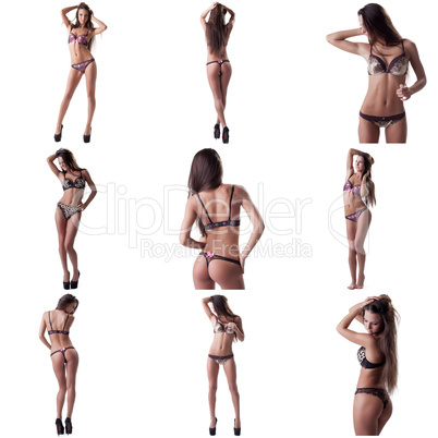 Collage of slender brunette advertises underwear