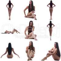 Collage of brunette posing nude, isolated on white