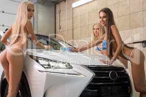 Sexy girls wash hood of expensive car