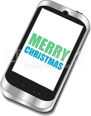 Smart phone with Merry Christmas greetings on the screen, holiday card