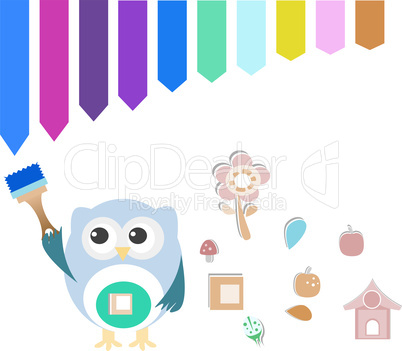 Decorative owl on a white background with paint brush