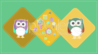 cute owls couple with baby owl, owl family, baby card