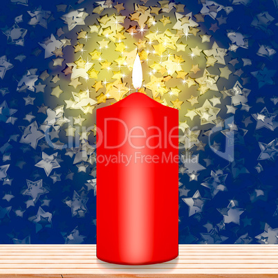 Burning candle in front of sparkling stars, 3d illustration