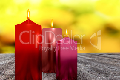 Three candles stand on wooden bench, 3d illustration