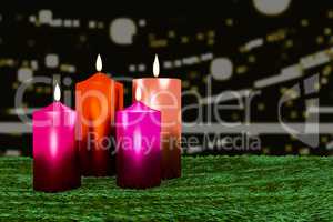 Burning candles on decorative greenery, 3d illustration