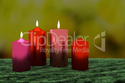 Burning candles on decorative greenery, 3d illustration