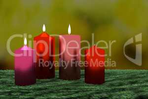 Burning candles on decorative greenery, 3d illustration
