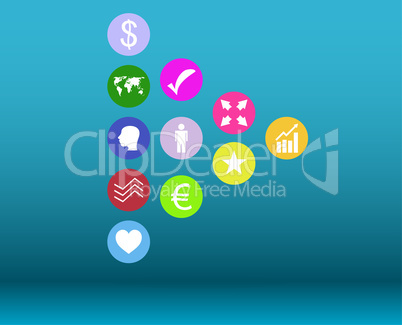 Social media network. Connected symbols for interactive, market, digital, communicate, connect, global concepts. Background with circles, lines and integrate flat icons.