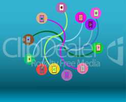 Social media network. Connected symbols for interactive, market, digital, communicate, connect, global concepts. Background with circles, lines and integrate flat icons