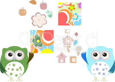 sweet owls and flowers isolated on white