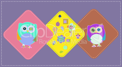 cute owls couple with baby owl, owl family, baby card