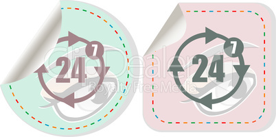 button with twenty four hours by seven days icon, isolated on white