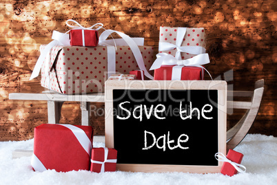 Sleigh With Gifts, Snow, Bokeh, English Text Save The Date