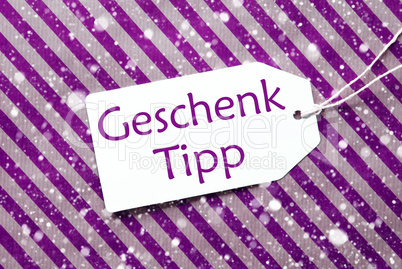 Label, Purple Wrapping Paper, Geschenk Tipp Means Gift Tip, Snowflakes