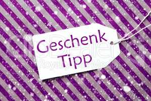 Label, Purple Wrapping Paper, Geschenk Tipp Means Gift Tip, Snowflakes