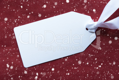 One Label On Red Background, Snowflakes And Copy Space