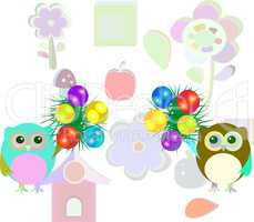 owl family with christmas balls and fir - new year concept