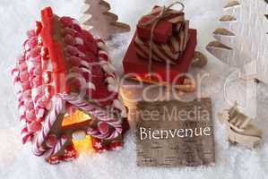 Gingerbread House, Sled, Snow, Bienvenue Means Welcome