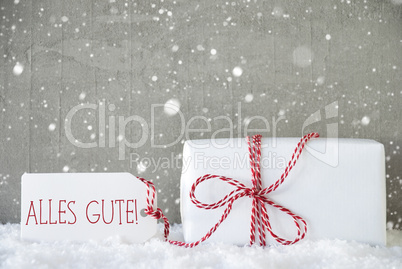 Gift, Cement Background With Snowflakes, Alles Gute Means Best Wishes
