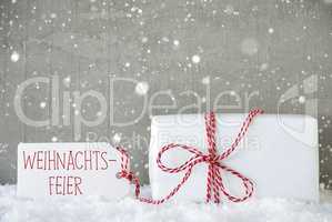 Gift, Cement Background With Snowflakes, Weihnachtsfeier Means Christmas Party