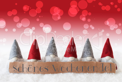 Gnomes, Red Background, Bokeh, Schoenes Wochenende Means Happy Weekend