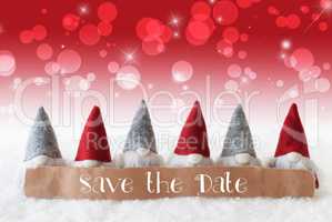 Gnomes, Red Background, Bokeh, Stars, English Text Save The Date