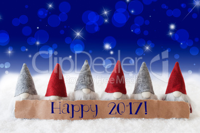 Gnomes, Blue Background, Bokeh, Stars, Text Happy 2017