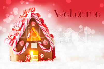 Gingerbread House, Red Background, Text Welcome