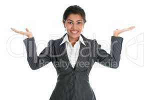 Black businesswoman hands showing something