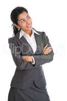 Black businesswoman smiling and looking up