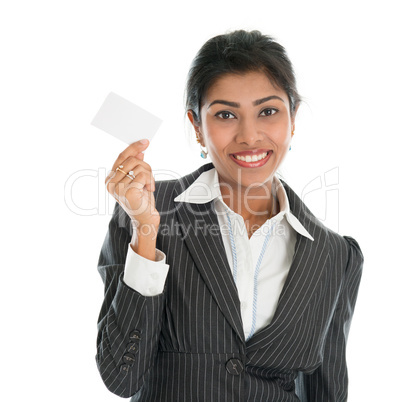 Black businesswoman showing business card
