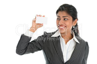 Black business woman showing blank business card